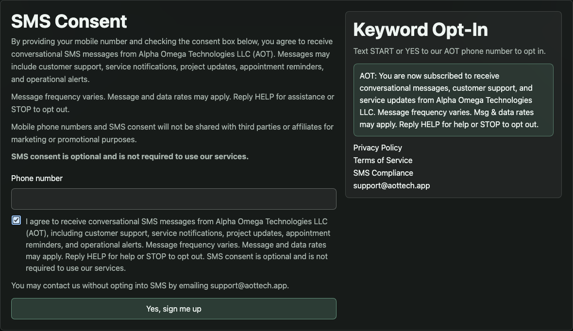 Desktop SMS opt-in page with checkbox checked by user action