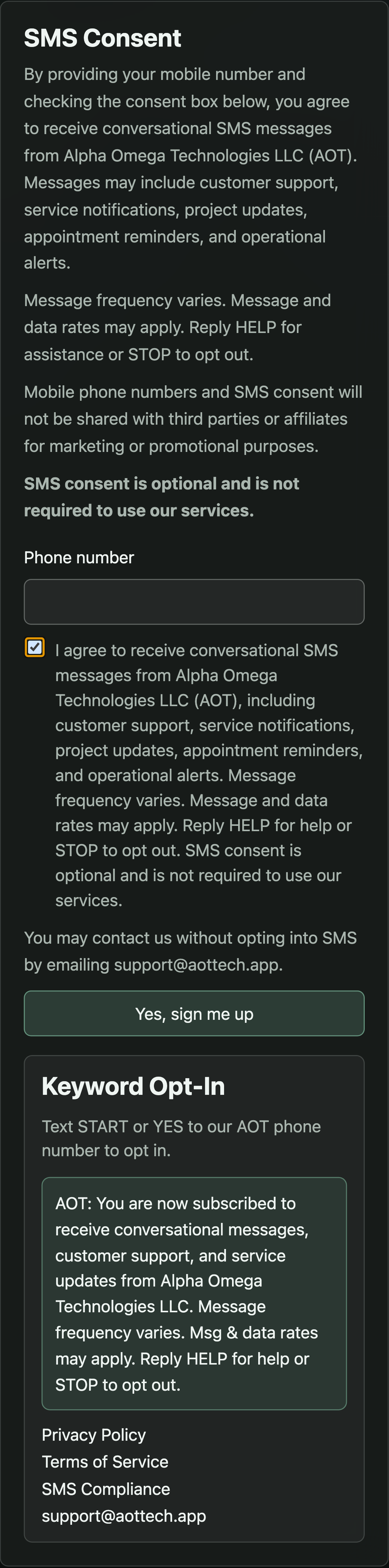 Mobile SMS opt-in page with checkbox checked by user action